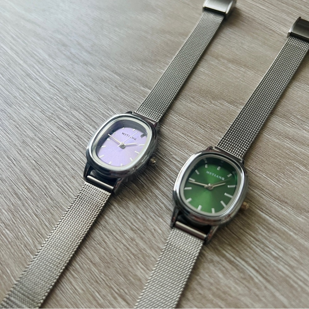 2-Pack Dainty Silver Stainless Steel Wrist Watches - Green/Purple